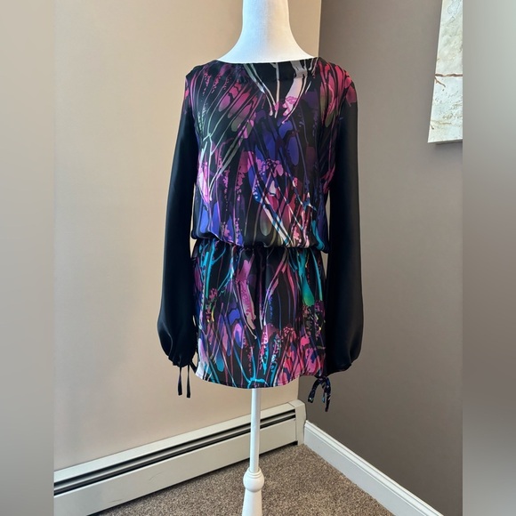 Bisou Bisou Abstract Print Tunic Blouse Sheer Sleeves Size S - Picture 3 of 9